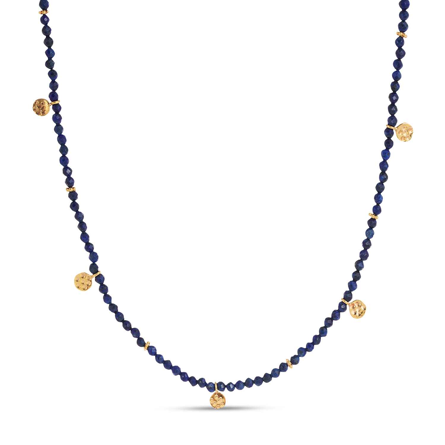 Handmade using sustainable materials, the Eva Lapis Lazuli Reversible Necklace with gold discs radiates shades of blue and gold from its vintage gemstones. Reverse the necklace for a smooth gold look or embossed texture on the charms.