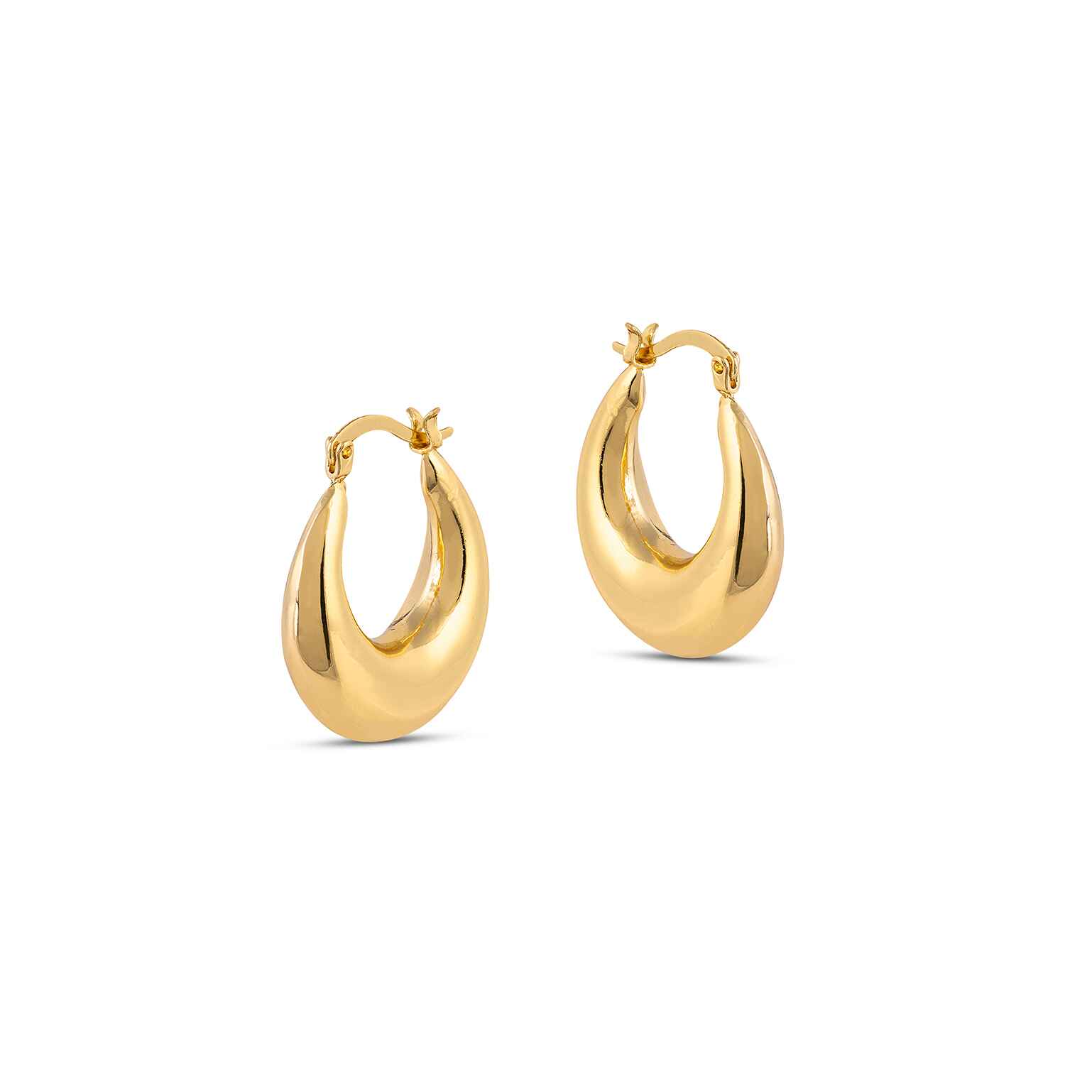 The Lola Large Moon Hoop Earrings are sculptural chunky earrings light enought to wear all day thanks to it's hollow center. These stunning gold sustainable earrings are moon shaped with a high polish 18k gold finish.