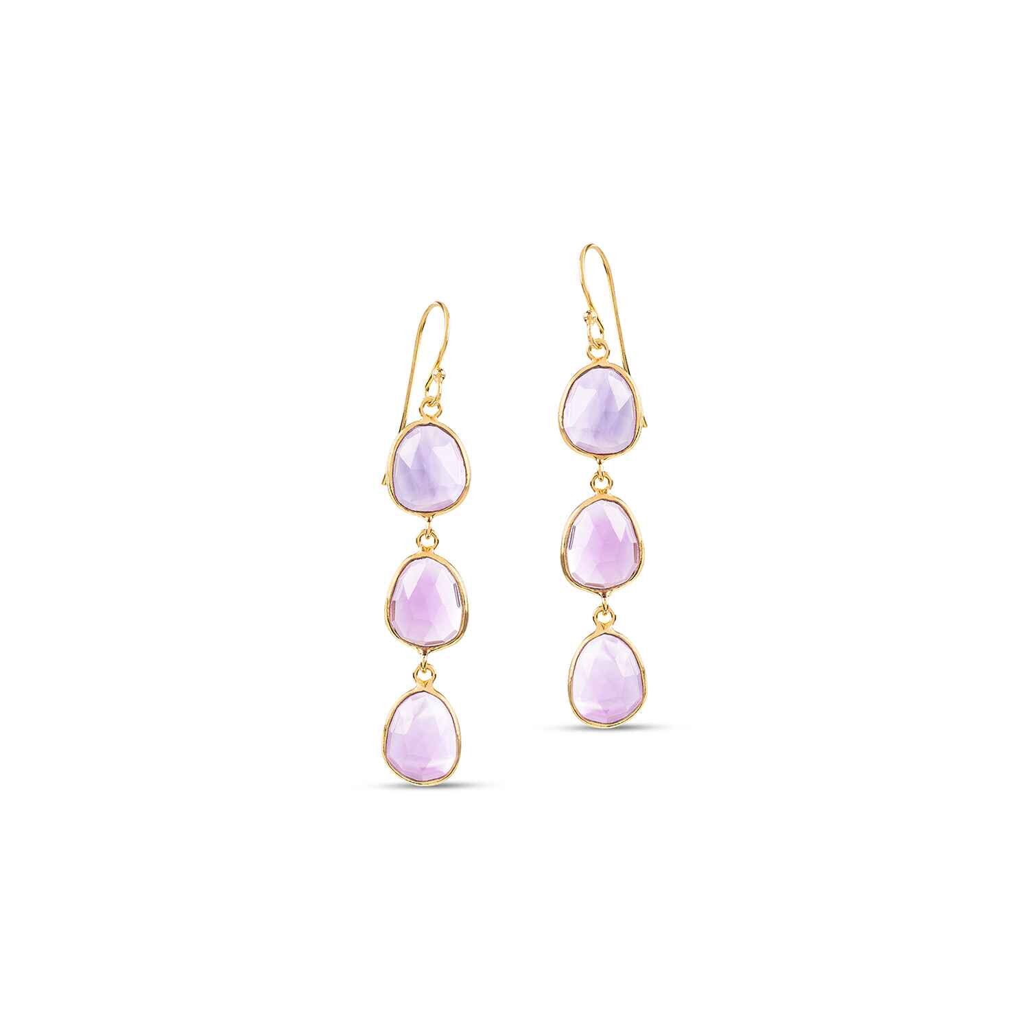 The Sophia Triple Amethyst Dangle Earrings feature three, hand cut, vintage amethyst gemstones, hand set in sustainable gold.